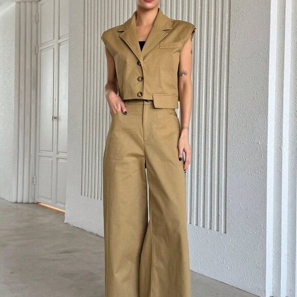 Khaki Casual Women's Turn-Down Collar Batwing Sleeve Top And Wide-Leg Pants Suit - Picture 6 of 9